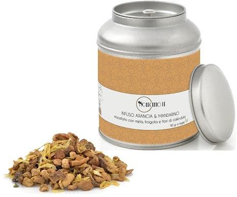 Novecento Tè® | Infuso Arancia e Mandarino in Foglie - 90 Gr | Tisana Arancia Mandarino | Miscela Fruttata Agrumi, Mela, Fragola Sfuso Latta Metallo