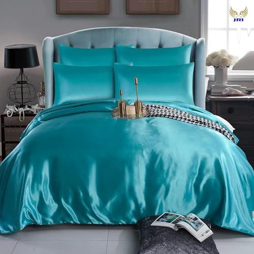 6PCS Satin Duvet Cover Bedding Set Plain Luxury Soft Bed Set Include (1xDuvet Cover, 1xFitted Sheet, 4xHousewife Pillow Case) (Super King, Teal)-(Same Day Dispatch)