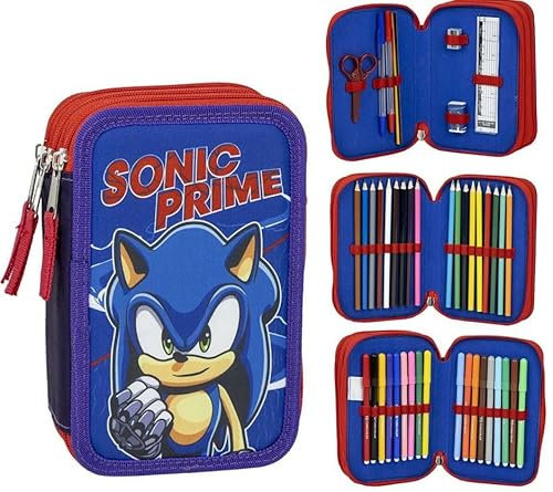 Estuche de 3 Compartimentos de Sonic - Color Azul - 12,5x6,5x19,5 cm - Fabricado con 100% Poliéster - Cierre de Cremallera - Incluye Accesorios - Producto Original Diseñado en España