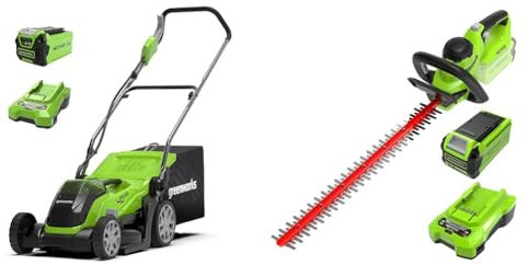 Greenworks 40V Tagliaerba a Batteria per Prati Fino a 200 M², Ampiezza di Taglio 35cm & G40HT61K2 Tagliasiepi a Batteria, Lame a Doppia Azione da 61cm