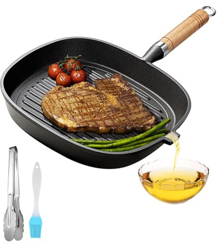 MEGYAD Sartén de hierro fundido de 21 x 21 cm, antiadherente revestida, con pinzas para ensalada y cepillo, sartén de hierro fundido es adecuada para todos los tipos de cocina, incluida la inducción