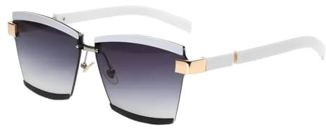 Vintage Retro Rimless Cateye Sunglasses, Smokey Tinted Gradient Lens, Geometric Rectangle Cat Eye Gold Detail Frames, UK 2024 (White)