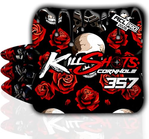 Killshots Cornhole 357 Series Limited Edition, ACL Pro zertifizierte Cornhole Taschen, Premium-Qualität, Dual-Speed, langlebig und wetterbeständig, Set mit 4 Taschen (Skulls n Roses)