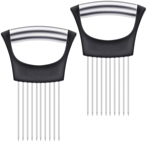 Ptwola 2 Pcs Stainless Steel Onion Holder Kitchen Hand Onion Slicer Meat Kitchen Cutting Assistant Tool Accessories for Slicing Fruits Vegetables Lemon Potato Tomato Cucumber Kitchen Gadget