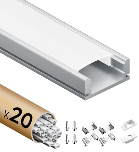 KOSOOM 20 x 2 m LED Profile, mit undurchsichtiger Abdeckung (40 m), Aluminium profiles Maße 17,4 mm x 7 mm – maximale Breite des LED-Streifens 12,4 mm