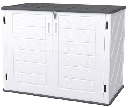 Aufun Gartenschrank 130x75x100 cm Gartenbox Mülltonnenbox Weiß Aufbewahrungsbox für 700 Liter Fassungsvermögen, Wetterfest und UV-beständig, pflegeleicht Geräteschuppen für Gartengeräte Rasenmäher