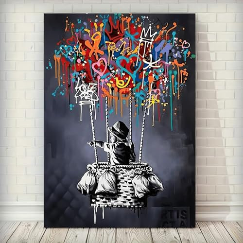 Art mural abstrait classique Banksy Street Graffiti Art mural Impressions sur toile Affiche Salon Chambre Photos Décoration murale 60x90cm (24x31in) avec cadre