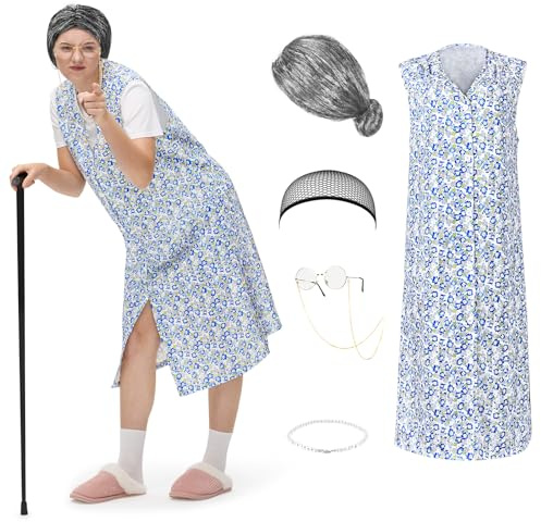 Ulikey Oma Kostüm Set, Kittelschürze Oma Set 6 Stück Old Lady Kostüm Set mit Perücke Oma, Brille, Halsketten, Haarnetz Kittelschürze Damen für Karneval, Mottoparty, Fasching