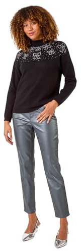 Roman Originals Diamante Sequin Jumper for Women UK Ladies Sparkly Glitter Sweater Embellished Smart Casual Autumn Winter Long Sleeve Round Neck Knitwear Knitted Pullover - Noir Silver - Size 12