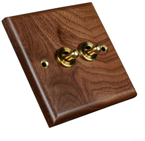 Jonikuper Toggle Light Switch, Beautiful Antique Brass Screwless Toggle Switch, Retro Industrial Style Light Switch, Solid Wood Toggle Switch Plate(2 Gang)