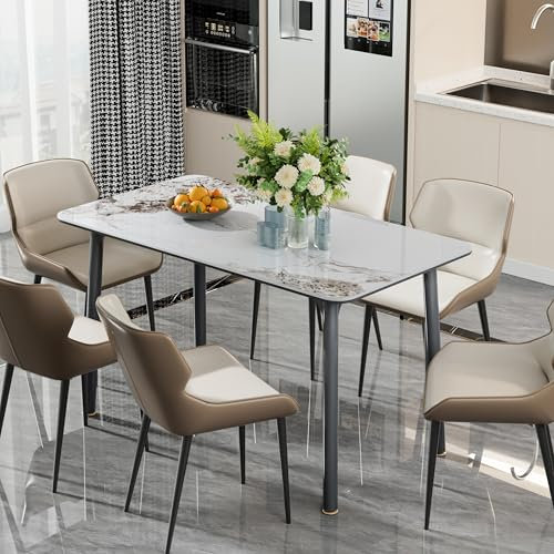 FATIVO Esstisch Marmor Esszimmertisch 140 x 76×78 cm für 4-6 Personen, Küchentisch Weiß Echtstein Quadratisch Modern Tisch mit Tischbeine aus Aluminiumlegierung für Esszimmer, Küchen, Restaurant