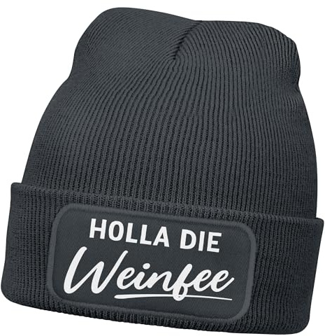 MoonWorks® Damen Beanie mit Patch Strickmütze mit Spruch Holla die Weinfee Aufdruck Lustig Damenmütze