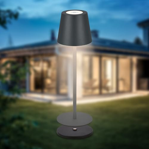 B.K.Licht - LED Tischlampe kabellos IP44 mit Ladestation, stufenlos dimmbar, Akku & Lichtquelle tauschbar, Nachttischlampe, Dekolampe, LED Lampe, Tischleuchte, Wohnzimmer, 36x12 cm (HxD), Anthrazit