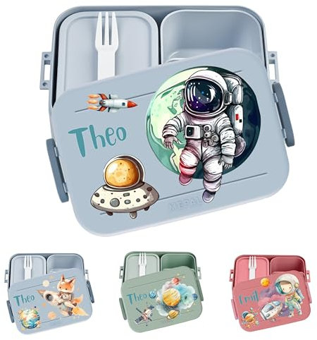 Personalisierte Mepal Brotdose Kinder mit Fächern - Rakete Astronaut Weltall Motiv Lunchbox für Schule und Kindergarten - Hochwertige Vesperdose Kinder mit Namen
