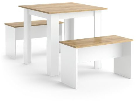 Vicco Esstisch Set Sentio, Weiß/Goldkraft Eiche, 80 x 80 cm mit 2 Bänken