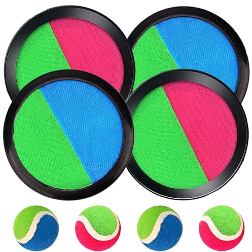 Klettballspiel Klettball Set mit 4 Fangscheiben 4 Bälle, Outdoorspielzeug für Kinder ab 3 4 5 6, Ballspiele für Draußen Kinder, Klett wurfspiel, Klettspiel Wurf Spiel und Fangspiel für Party, Garten