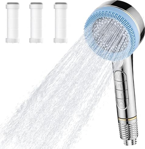 Soffione doccia con filtro, 4 tipi di getto Soffione doccia a risparmio idrico con spazzola da massaggio, soffione doccia ad alta pressione per rimuovere acqua dura e residui di cloro