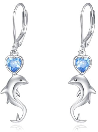 Delphin Ohrringe für Damen 925 Sterling Silber Delphin Leverback Ohrringe Blauer Zirkon Schmuck Geschenke für Frauen Mädchen
