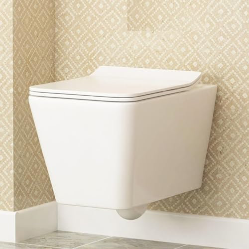 Wall Hung Rimless Toilet Square Gloss White Ceramic Pan Quick Release & Slim Soft Close Seat – Modern Bathroom (Elena).