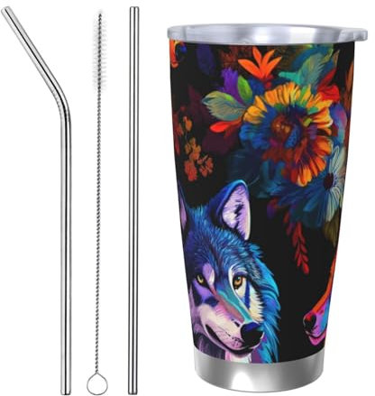 DFJMASFKOL Wölfe Edelstahlbecher Wölfe mit bunten Blumen, Autobecher, Blumen, Reisebecher für Yoga-Praktiker, 8,7 x 11,2 cm