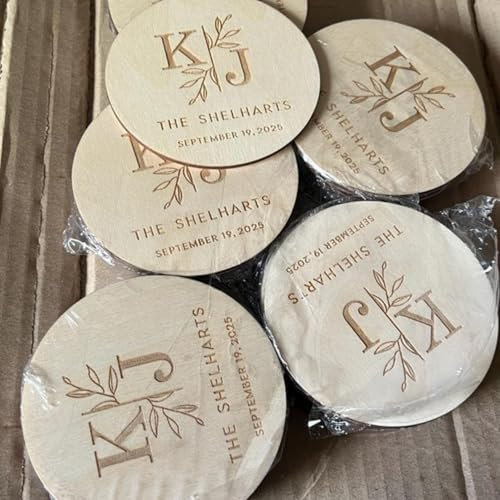 Lot de 60 dessous de verre personnalisés en bois gravé, cadeau de mariage rustique pour invités, cadeaux de douche