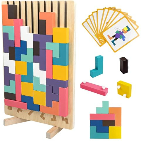 Ravytha Rompecabezas Niños con 10 Tarjetas, Rompecabezas Madera, Juguete Educativo en 3D, 3D Juguete Educativo Montessori para Niños, Juegos Montessori, Tetris Juegos Montessori para Partir de 3 Años