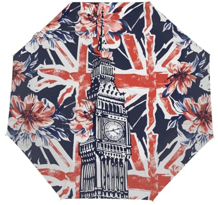 Ginfult Uk Flag Flower London Big Ben Travel Compact Umbrella Windproof Auto Open Close Folding Umbrellas for Rain Women Men