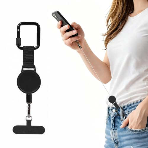 Correa Retráctil Antirrobo para Teléfono Móvil con Gancho Metálico Bloqueable y Anillo Giratorio 360°, Antirrobo Móvil, Ideal para Desplazamientos Urbanos, Viajes y Uso Diario, Color Negro