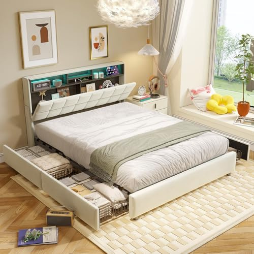 Bett 140x200 mit Coole LED und USB C,Polsterbett Samt mit 4 Schubladen,Multifunktional Stauraum-Kopfteil, Doppelbett mit Lattenrost 140x200cm aus Holz,Metallrahmen,für alle Altersklassen(Beige-500KG)