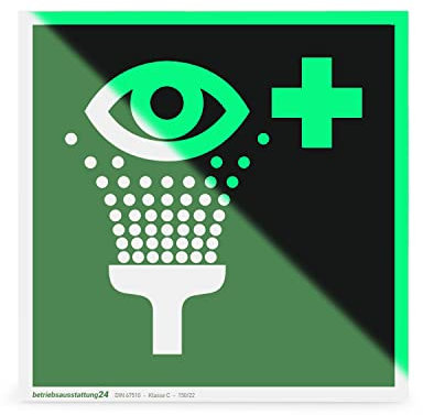 Betriebsausstattung24 Erste-Hilfe-Schild Augenspüleinrichtung - Aluminium langnachleuchtend - Größe: 20 x 20 cm - Symbol Schild - DIN 67510 Klasse C - Leuchtdichte 150 mcd