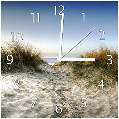 Wallario Design-Wanduhr Weg durch die Dünen zum Strand am Meer aus Glas, Motiv-Uhr Größe 30 x 30 cm, weiße Zeiger