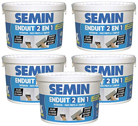 Semin - Enduit 2 en 1 Multifonctions - Joint et Lissage Plaque de Plâtre - Intérieur - Seau de 7 kg (lot de 5)