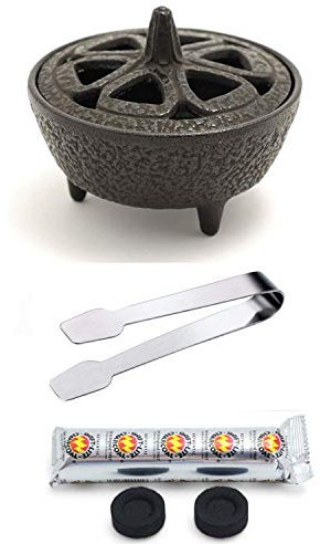 Incense Burner Kit with Cast Iron Burner, Charcoal and Tongs (Incense Burner Kit)