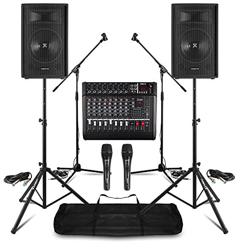 Vonyx Band PA System Packages - Complete PA Setup for Live Band with Passive Speakers, 8-Channel Bluetooth Mixer Amp, Microphones, Stands, Easy Assembly Audio Performance Set