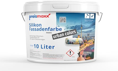 Preismaxx Silikonharz Fassadenfarbe, Asphaltgrau Grau 10L hochwertige, matte, wasserabweisende Aussen-Dispersion, sehr guter Regenschutz - Abperleffekt