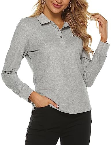 MoFiz Polo Donna Manica Lunga Poloshirt Lavoro Camicia Sportiva Golf Top con Bottoni Grigio S