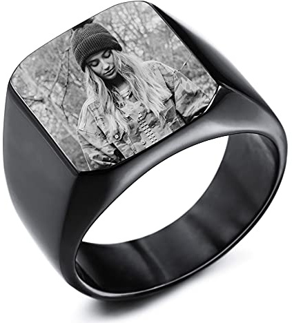 MeMeDIY Personalisiertes Siegelring Angepasst Gravur Farbbild Schwarz Weiß Foto für Männer Frauen Junge Mädchen Bester Freund Edelstahlband Jubiläumsgeschenk mit Ringgrößeneinstellern
