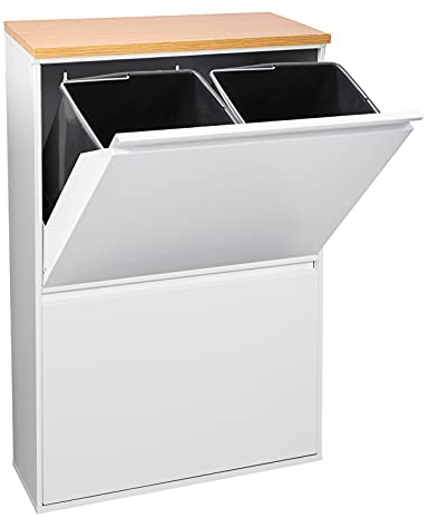 Arregui Basic CR601-B con piano di lavoro, bidone della spazzatura e riciclaggio in acciaio a 4 secchi, mobile riciclaggio con piano di lavoro, 4 x 17 L (68 L) (bianco con piano in rovere)