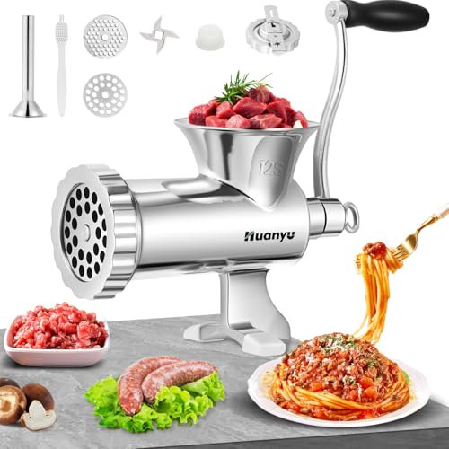 Huanyu Manueller Fleischwolf, strapazierfähig, Wurstfüller, Edelstahl, handgekröpft, Fleischwolf, mit Zubehör zur Keksherstellung (Nr. 12S)