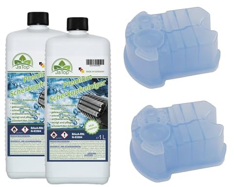 2l JaTop Scherkopfreiniger Nachfüllflüssigkeit + 2 Kartuschen (leer) [1l pro Flasche] - geeignet zum Nachfüllen von Braun Clean & Renew Synchro Activator & Pulsonic Series Made in DE