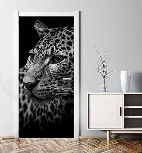 MyMaxxi - Tür bekleben mit Türtapete Türposter Türfolie Selbstklebend 90x200 Leopard grau - Tür verschönern Türaufkleber Türklebefolie Urwald Blätter Katze schwarz weiß