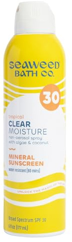 Seaweed Bath Co. Clear Moisture Mineral SPF 30 Broad Spectrum Sunscreen Spray - With Hydrating Algae, Coconut & Hyaluronic Acid - Non Aerosol, Tropical Scented Sunblock - 6 oz