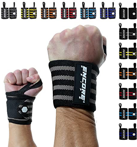 Encore Grips® Handgelenk Bandagen für Bodybuilding, Kraftsport, Crossfit, krafttraining Bandage, Handgelenkbandage für Fitness, Handgelenkstütze, Handgelenkschoner, Wrist Wraps (Schwarz-Grau-V2)