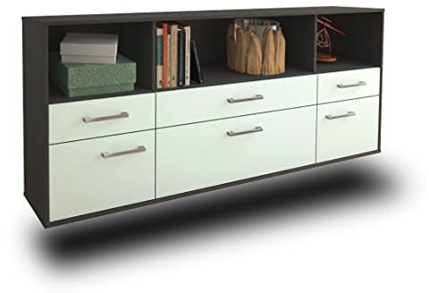 Lqliving Kommode Sideboard Bellevue, Korpus in anthrazit matt, Front im trendigem Mint (180x77x35cm), inkl. Metall Griffen, Wandmontage, Made in Germany