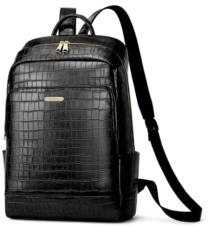 WESTBRONCO Leather Backpack Purse for Women 15.6 inch Laptop Backpack for Work & Travel, Crocodile Black, Modern