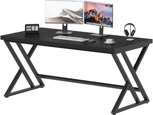 LVB Black Computer Desk, Modern Gaming PC Writing Desk for Home Office, Metal Computer Study Work Table for Bedroom, Industrial Executive Student Simple Workstation Desk with Storage