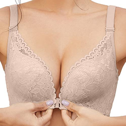 Womens Front Fastening Bra Sexy Lace Plunge Push up Comfortable Breathable Wireless Padded Thin Straps Everyday Bra Underwear Beige