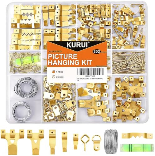 303Pcs Picture Hanging Kit Picture Hangers Assorted Kit with Heavy Duty Wall Hooks Sawtooth Picture Wire D Rings Hardware Nails Eye Hooks and Picture Hanging Tool for Frame Canvas Mounting