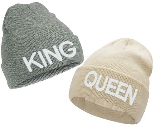 Gkmamrg Weihnachten Partner Pärchen Geschenk King Queen Winter Mütze, Strickmütze für Sie und Ihn, grau beige