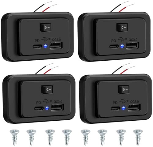 4pcs Toma de Cargador de Coche USB C Carga Rápida PD2.0+QC3.0 con On/Off Interruptor, DC12V-26V Panel de Enchufes Dual USB Adaptador con LED para Automóviles Barcos Camiones RVs Autocaravana